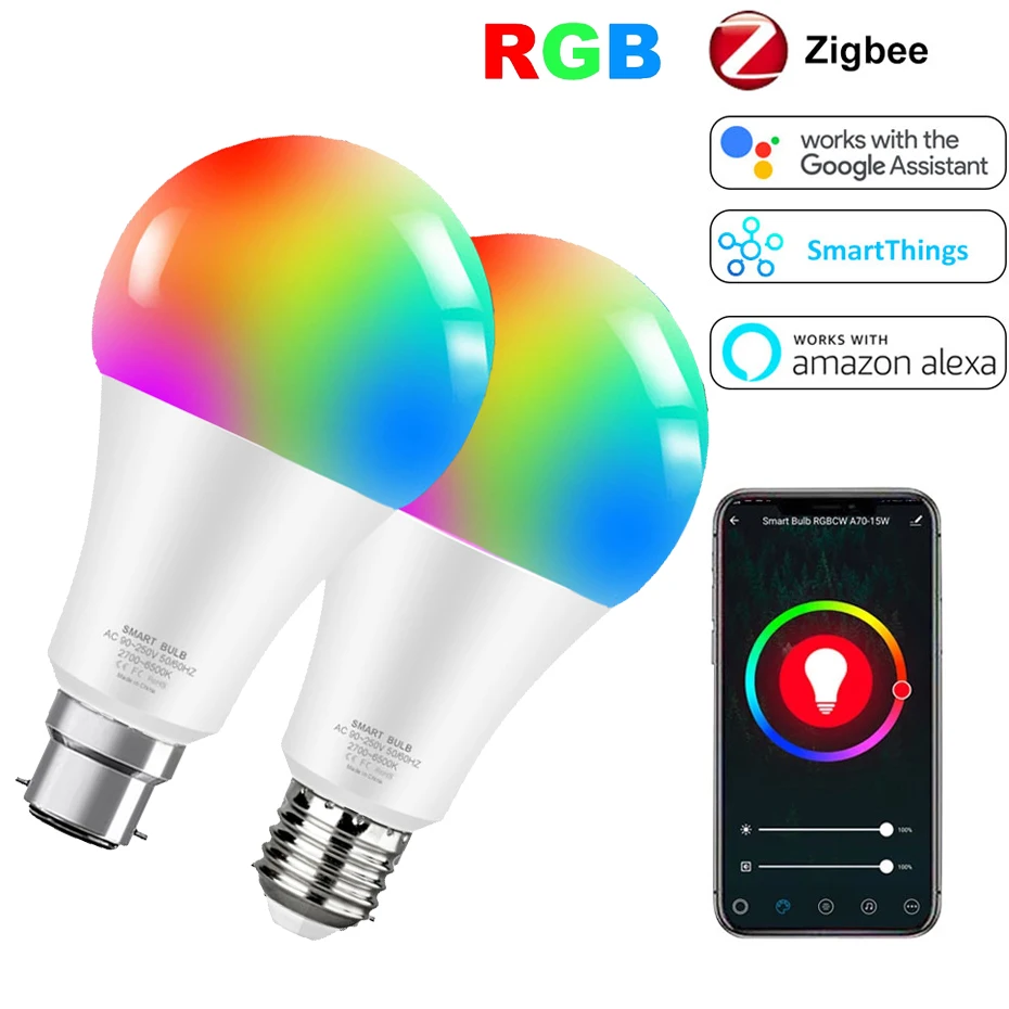 

1/2/4Pcs Zigbee 3.0 Smart Bulb E27 B22 15W RGB Tunable White Dimmable Works With Alexa Google Home via Tuya Smart Life App
