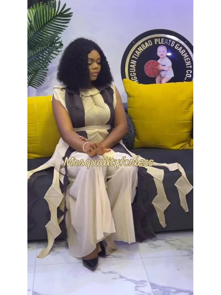 

Miyake плиссированный женский комплект контрастного цвета, длинные топы без рукавов и широкие брюки, модная новая одежда 2025 года