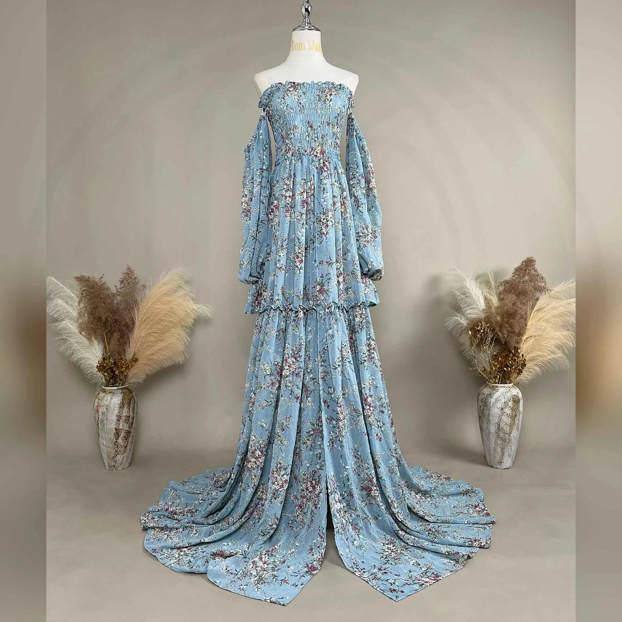 

Don&Judy Floral Chiffon Gown For Woman Photo Shoot Long-Sleeve For Spring Front-Slit Dress For Gift Party