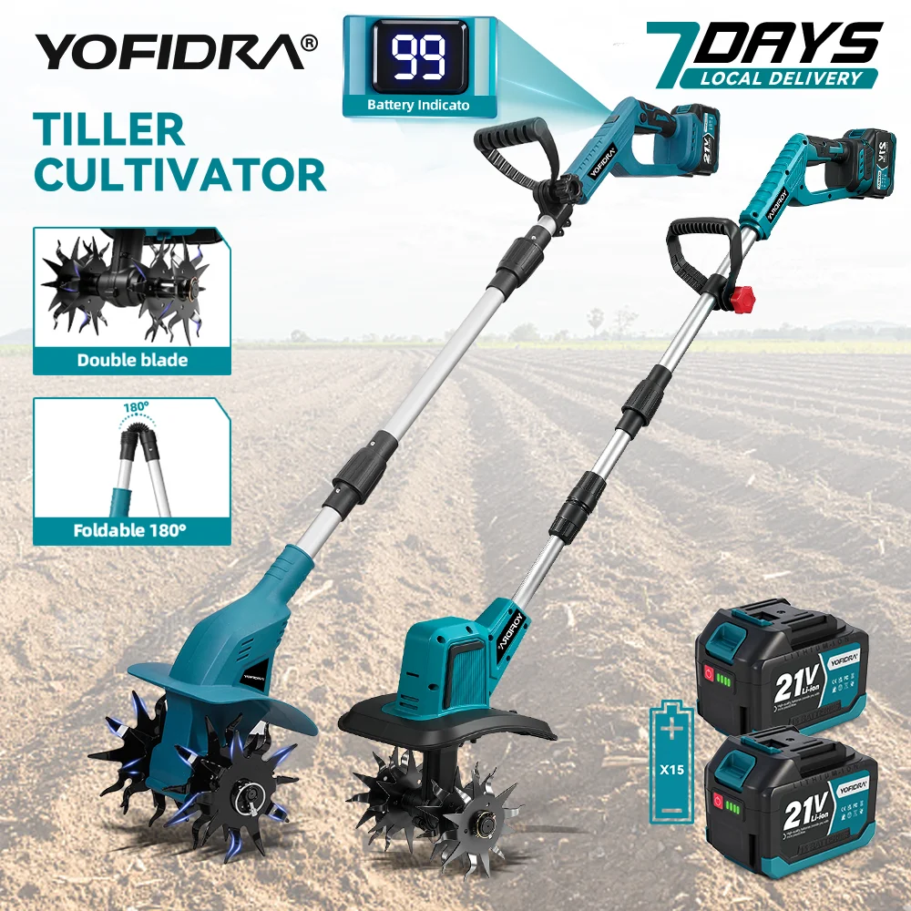 YOFIDRA Motoculteur Électrique de Jardin Portable Sans Fil, Tondeuse à Gazon, Débroussailleuse, Outil de Retournement du Sol pour Batterie Makita 18-21V