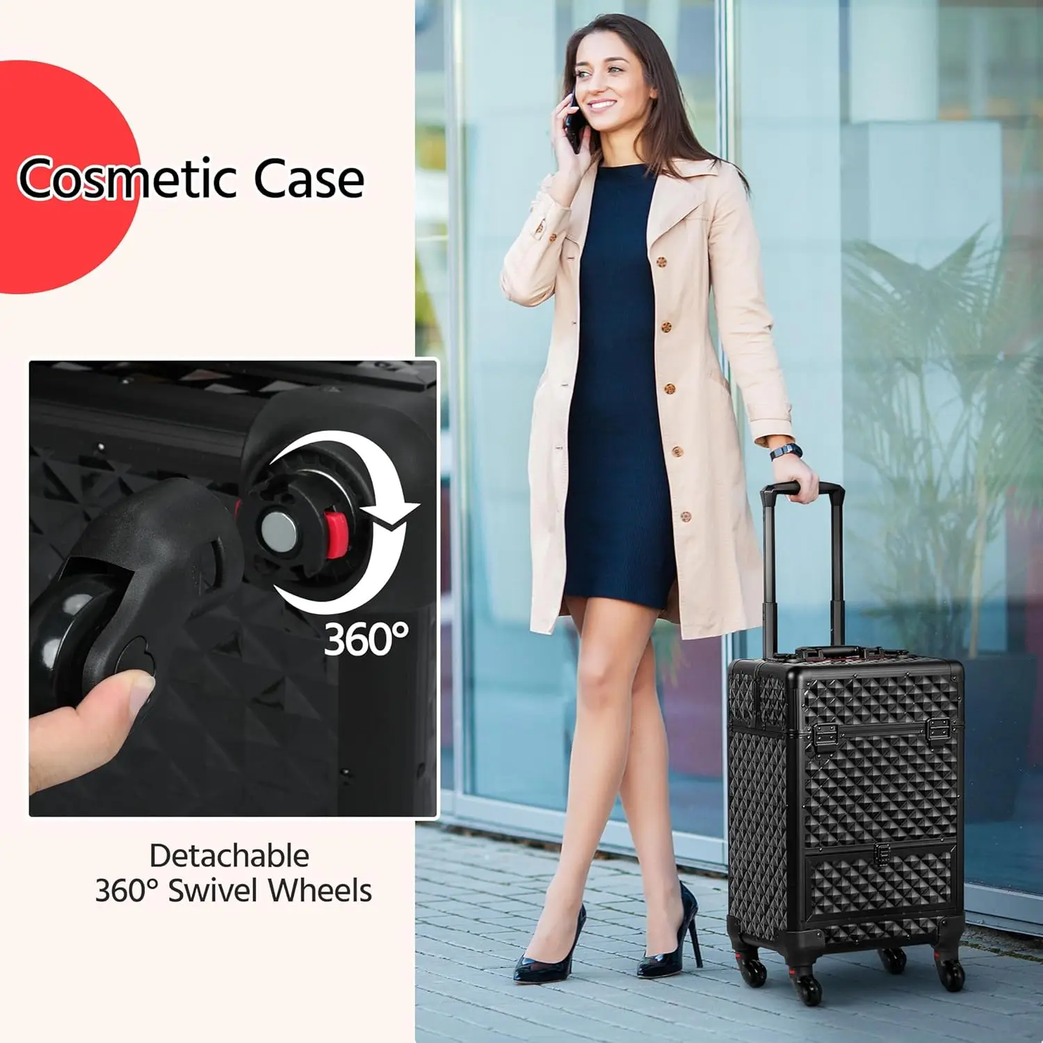 Rolling Makeup Train Case อลูมิเนียมเครื่องสําอางค์ล้อตัดผม Salon ล็อคได้ Travel รถเข็นเลื่อนลิ้นชัก Remo