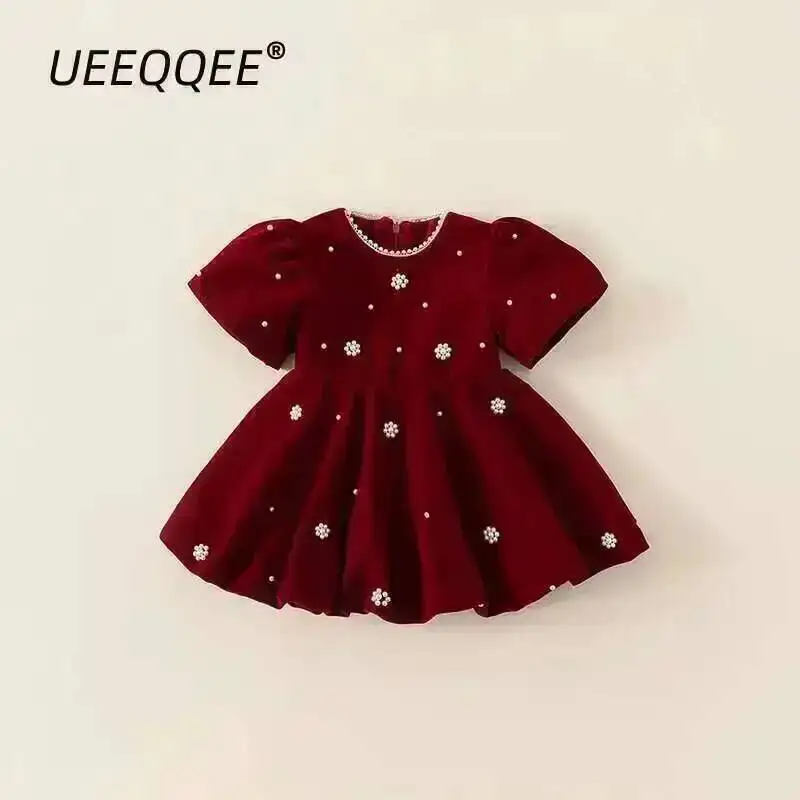 

Осенне-зимнее детское платье для девочек 1-10 лет, утепленное флисом, с жемчугом, красное, для вечеринок и Рождества, нарядное платье принцессы, одежда для малышей, детская одежда