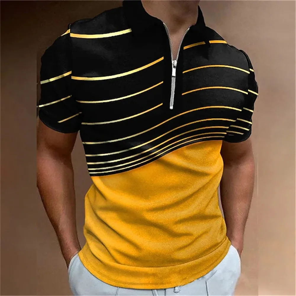 New Men\'s Polo Shirt Golf Geometry Turndown 3D Print Street Short Sleeves Zipper Clothing Fashion Casual Breathable Tops