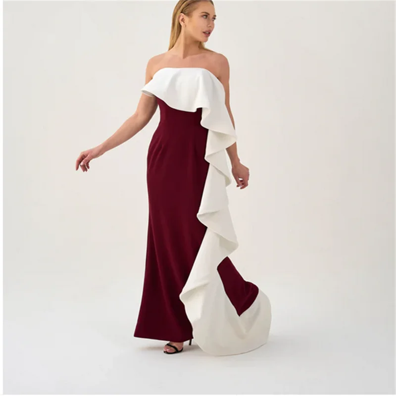 ชุดราตรียาวสีเบอร์กันดีและสีงาช้างสำหรับผู้หญิง ปี 2025 ชุดราตรีงานพรอมสวยงาม สายเดี่ยว สง่างาม ชุดเดรสสำหรับงานปาร์ตี้ สามารถสั่งตัดได้