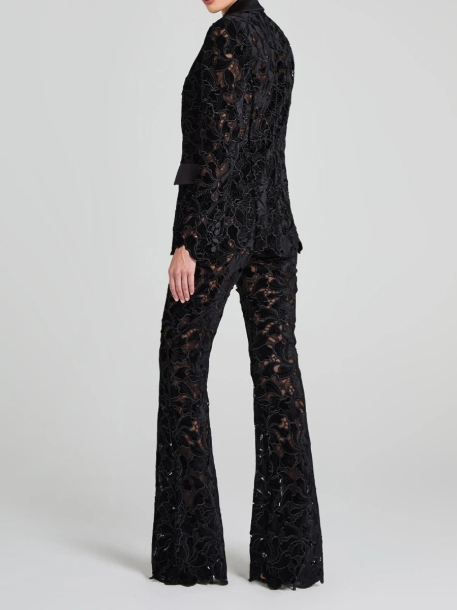 TWOTWINSTYLE Solid Spliced Hollow Lace Slim Two Piece Set for Women Lapel Neck Long Sleeve Top High Waist Trousers  Sets Female