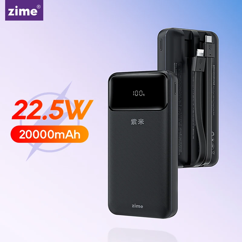 zime 20000mAh Power Bank 22.5W Portable Charger With Built-in Cable Digital Display Battery Capacity For iPhone 15 14 13 pro