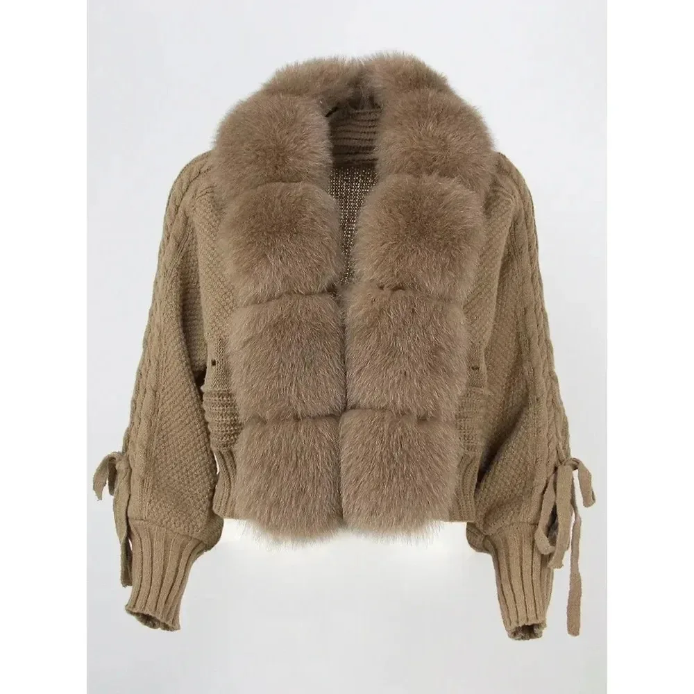 سترة محبوكة مع بلاكيت من فرو الثعلب الطبيعي للنساء ، معطف غير رسمي ، ياقة من الفرو الحقيقي ، قصيرة ، دافئة ، فضفاضة ، جديدة ، على الموضة الشتوية ،