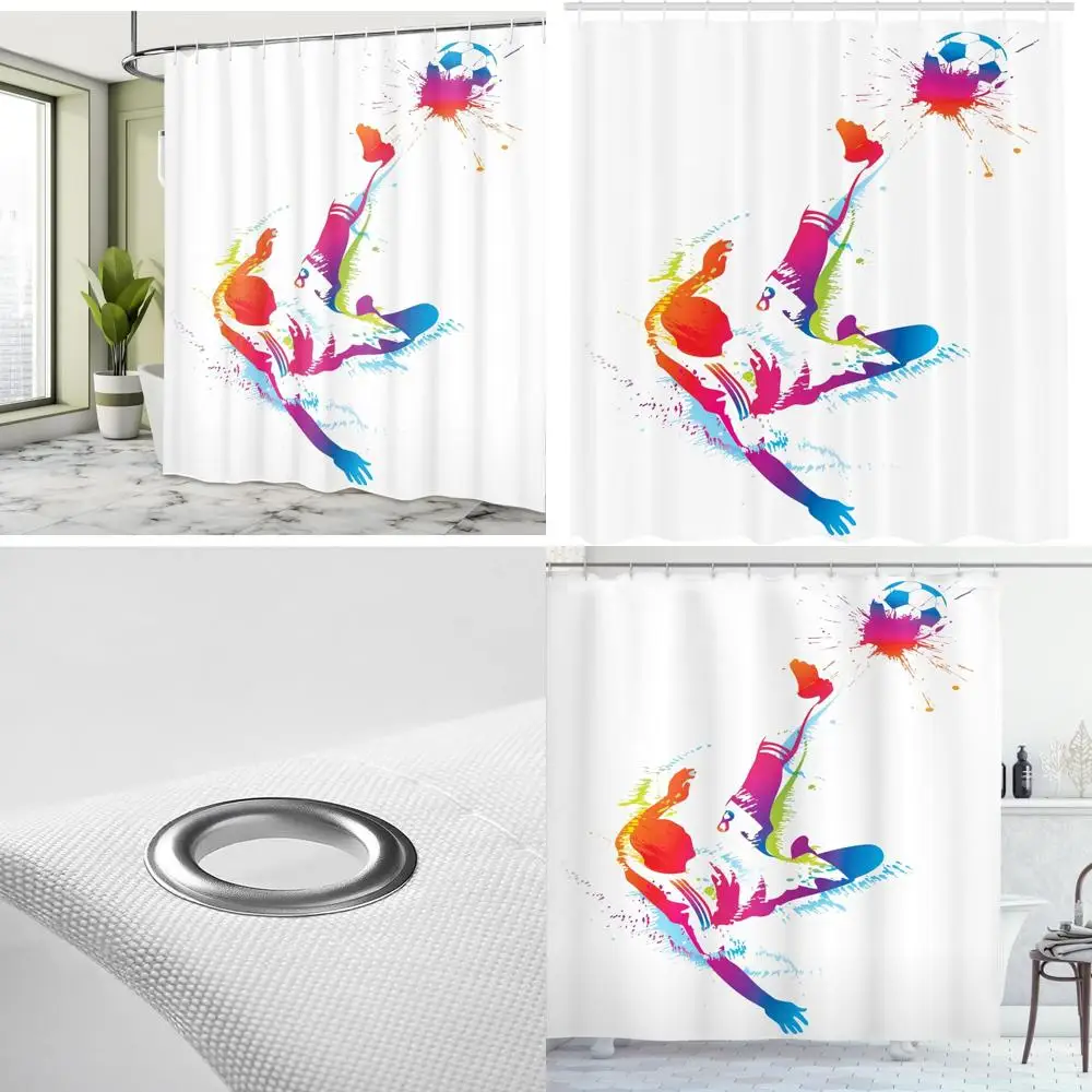 

занавеска для душа на футбольной тематике: динамический игрок, ударный мяч, акварельный стиль, тканевый материал.