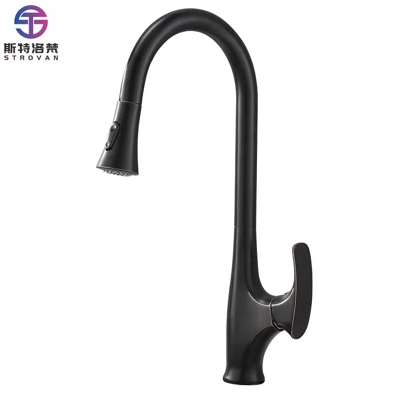 

Antique Brass Single Handle Pull-Out Kitchen Sink Faucet Deck Mounted Ceramic Valve Single Hole for Cold Hot Water Traditional