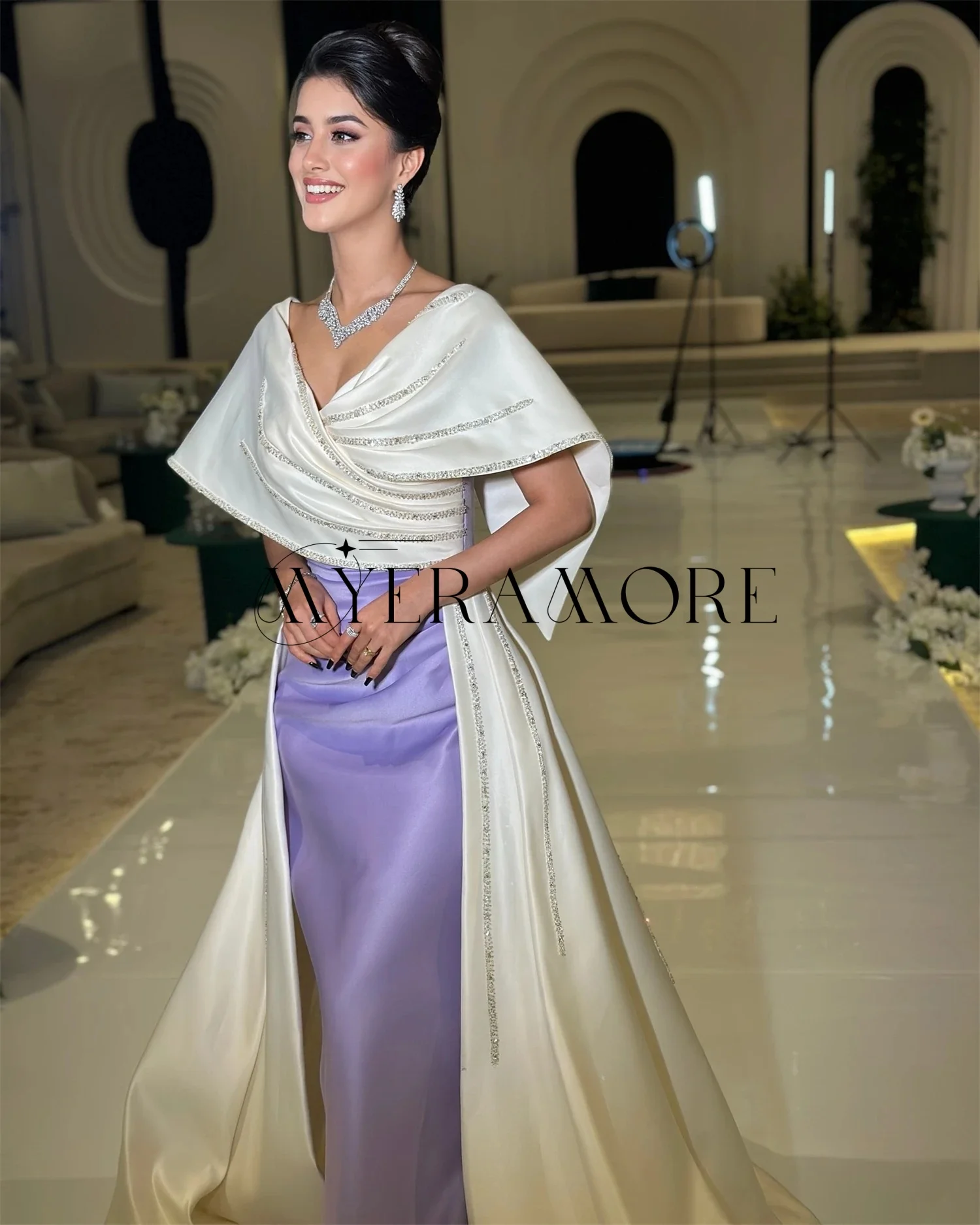 مزاجه الخامس الرقبة فساتين السهرة التباين اللون مطرز قطار المحكمة الطية فساتين لحضور الحفلات الموسيقية مخصصة الجلباب دي سواريه