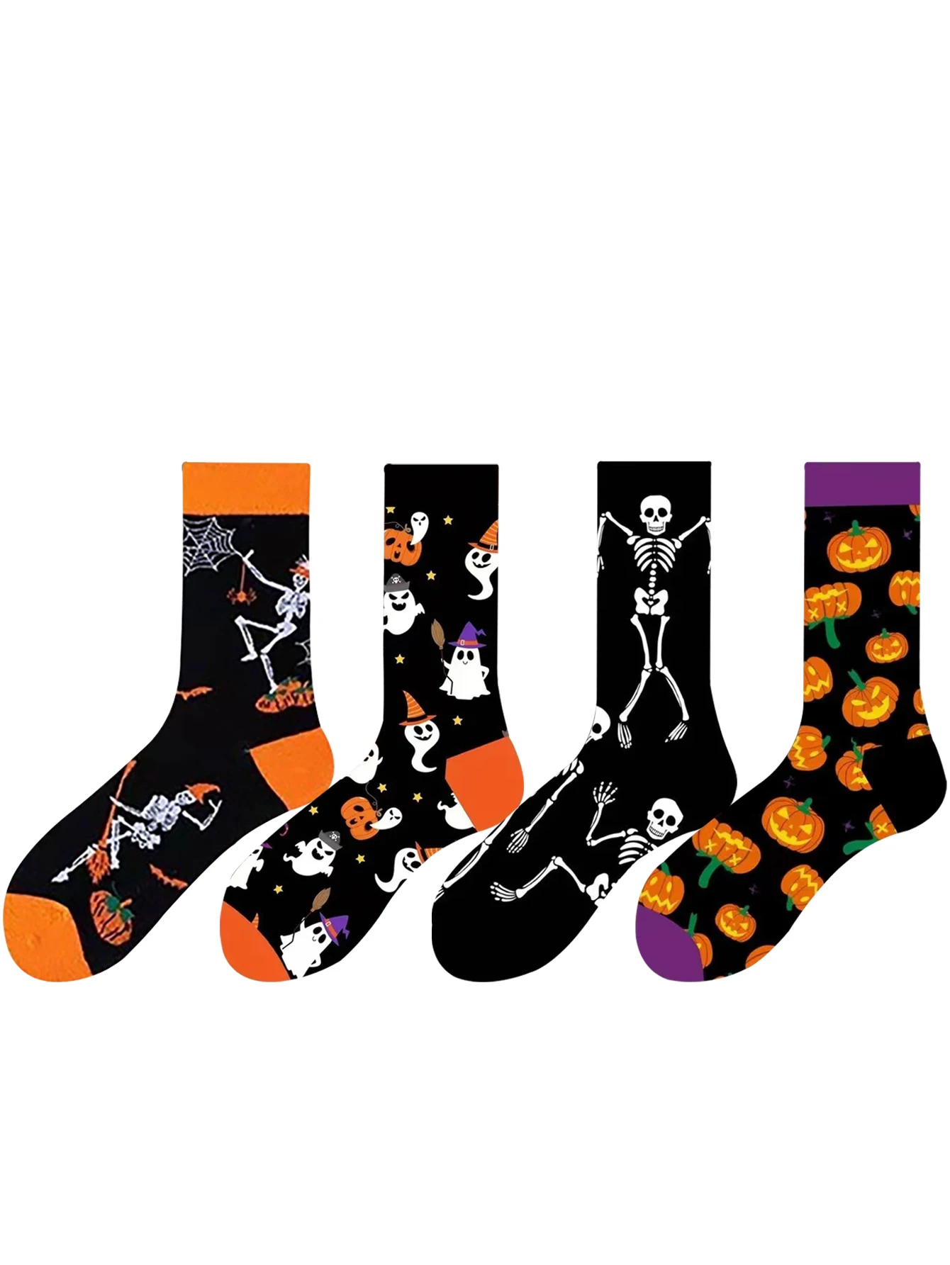 

4 pairs of Halloween women's socks: Skull Vampire, pumpkin bat head, creative ghost, Fun, warm and fashionable mid-calf socks fo