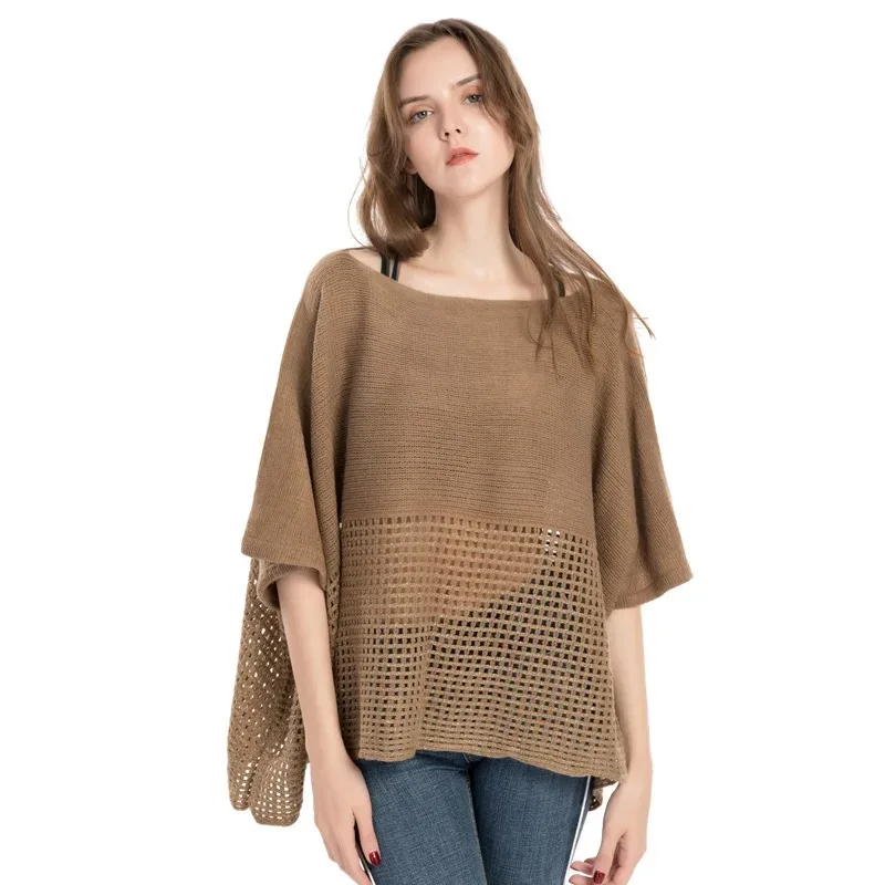 

Women's Imitation Cashmere Poncho Spring Summer Hollow-Out One-Piece Neckline Shawl Pure Color Pullover Cape for Casual Wear