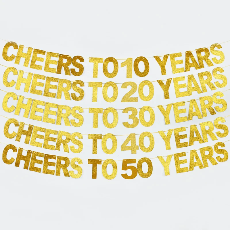 Anniversary Birthday Party Decoration Gold Glitter Party Banner Cheers To 10 20 30 40 50 60 70 80 90 100 Years Garland Bunting