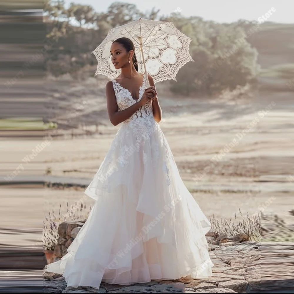 

Elegant A Line Wedding Dresses For Women Sexy V-Neck Appliques Lace Tulle Bridal Gowns Engagement Banquet Vestidos Novias Boda