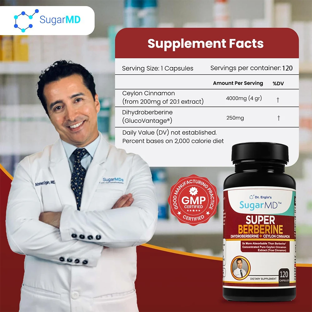 SugarMD 5X Super Berberine Supplement – 250mg GlucoVantage Dihydroberberine with 4000mg Ceylon Cinnamon for Weight Management