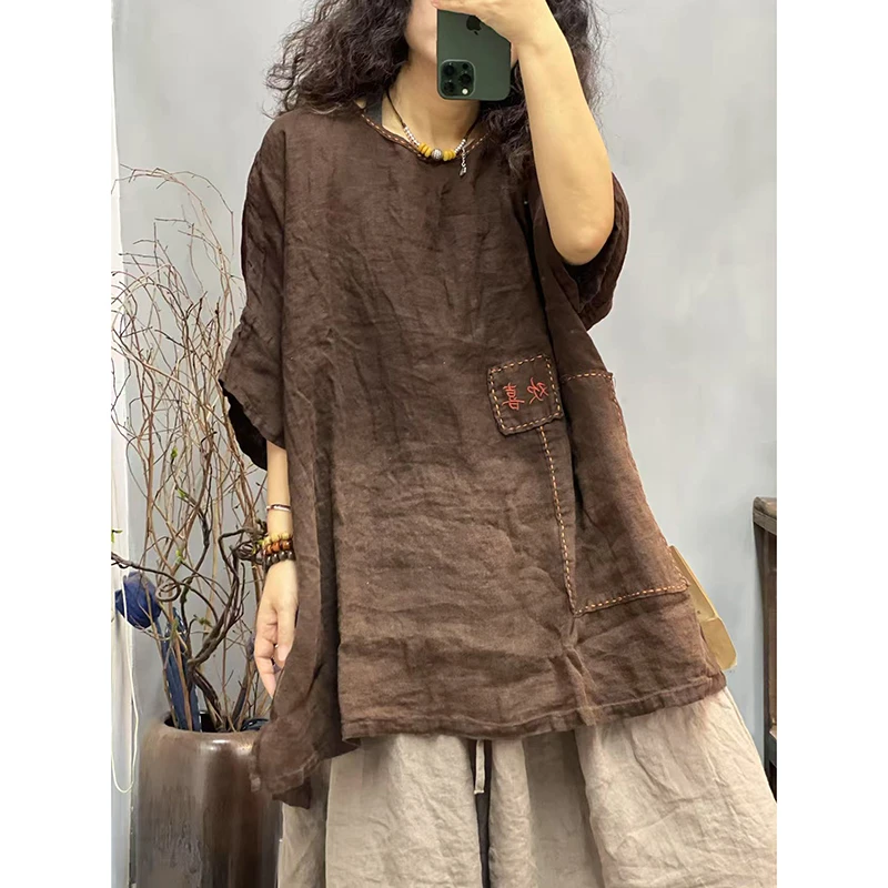 2025 New Arrival Arts Style Summer Tops Tees Women Casual Good Quality Cotton Linen Half Sleeve Embroidery O-neck T-shirt T444