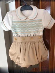 0-6Y Baby Boy Summer Khaki Handmade Embroidery Smocked Outfit Suit for Birthday Holiday Christmas A98
