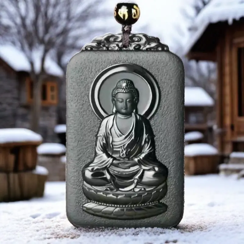 

Myanmar Laokeng Jade Natural Ink Jade Rulai Guanyin Pendant Pendant Fine Carving Protects Your Peace