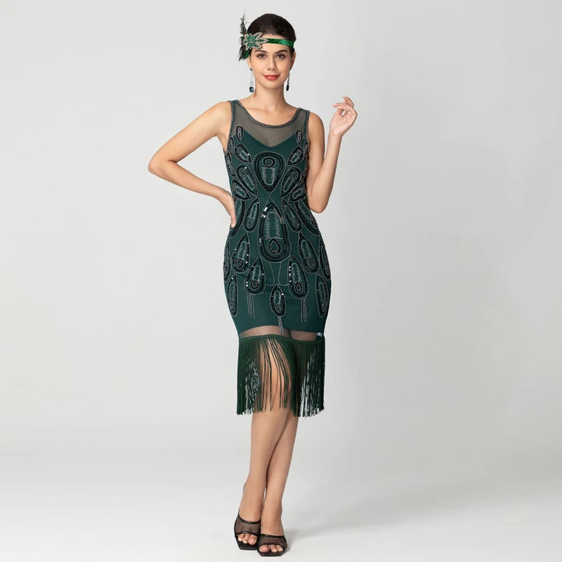 

1920s Gatsby Dress 20s Flapper Girl Fancy Retro Sleeveless Sequins Embroidered Tassels Plus Size Evening Gown Party Dance Dress