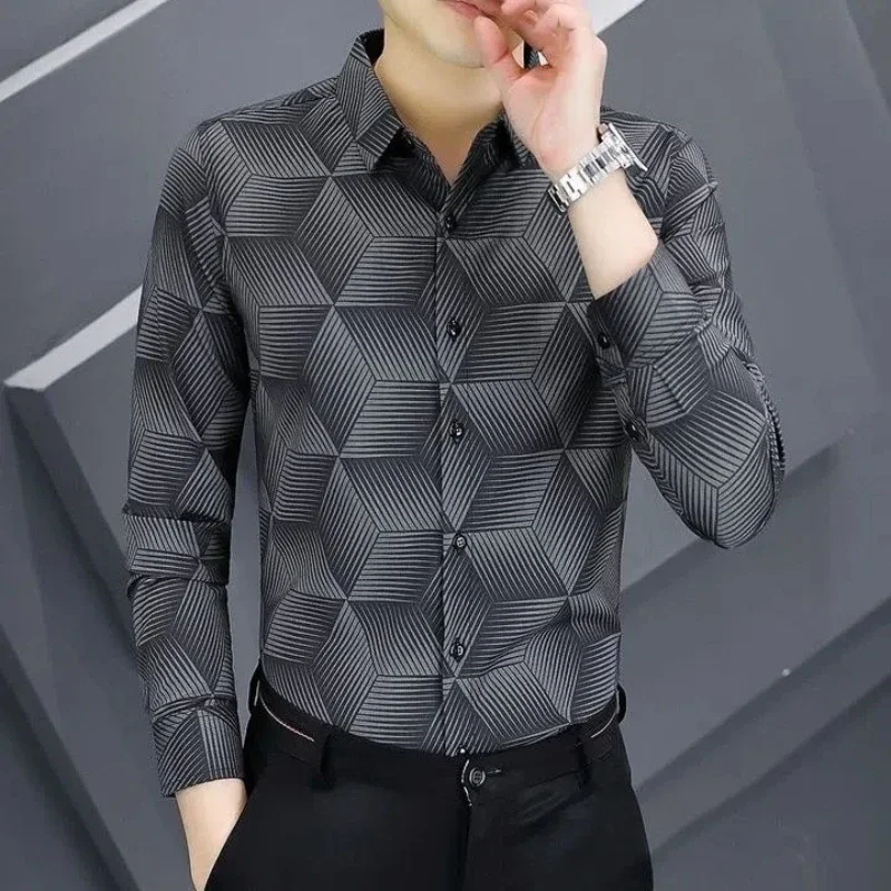 

Роскошные весенне-осенние новые рубашки, мужские однобортные однобортные удобные тонкие топы с отложным воротником и принтом, JJ185