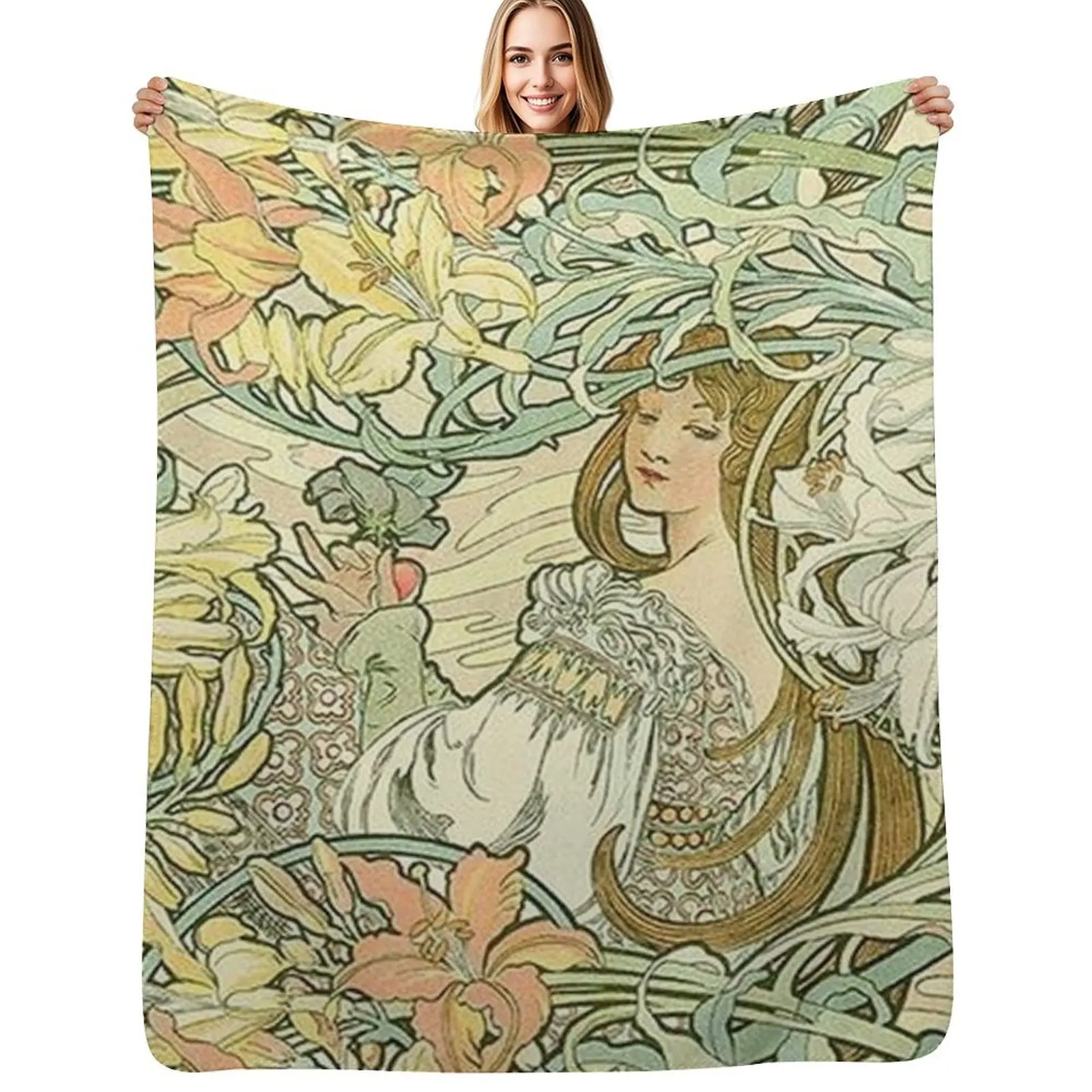 

Language of Flowers -Alphonse Mucha Throw Blanket Warm Plush Fuzzy Blanket for Living Room