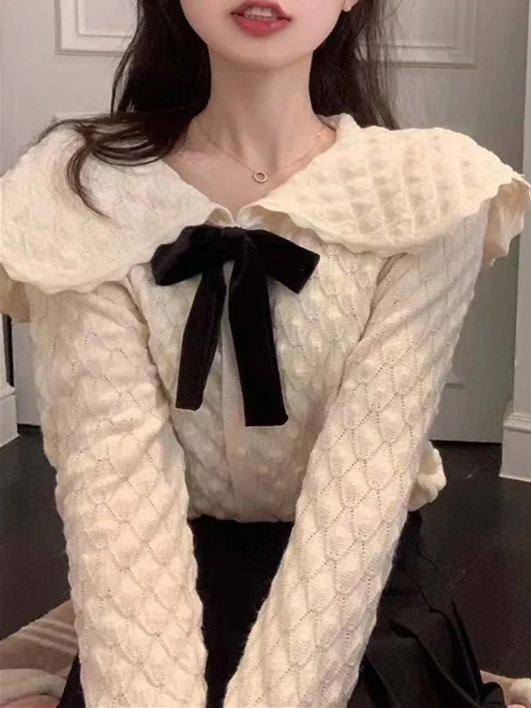 Fashion Doll collar Women Cardigan With bow tie Women 2020 Autumn Winter Long sleeve Female Slim tops Short Sweater INKEO 9O045