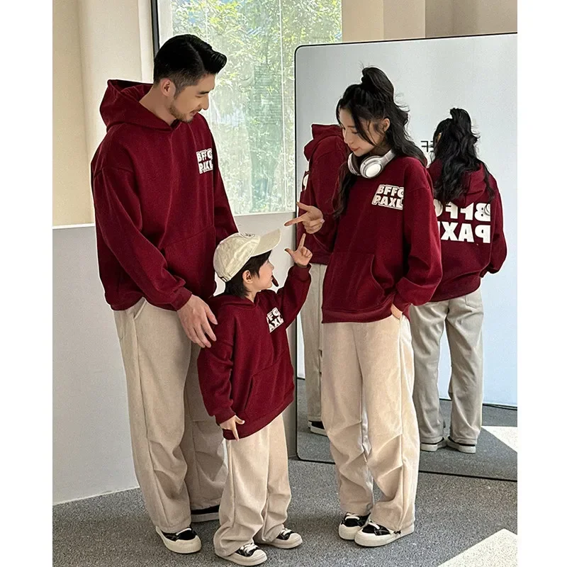 Mom Dad and Son Daughter Matching Clothes Hoodie Family Warm Long Sleeve Hooded Sweatshirts Tops Parents and Children Clothing