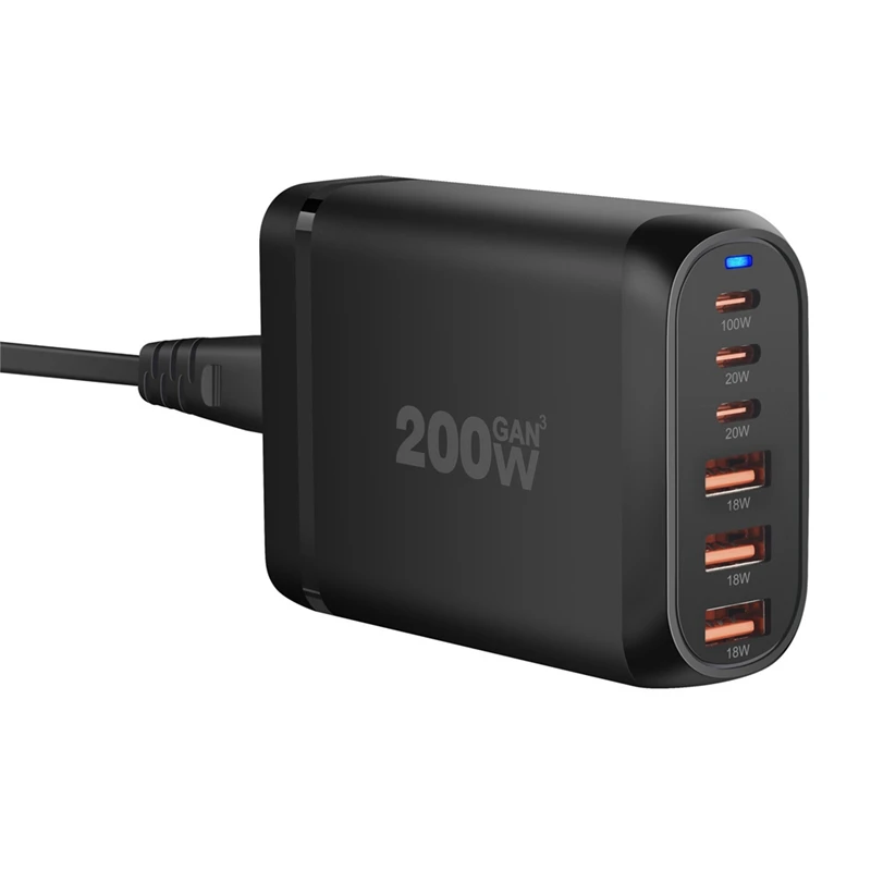 200W Gan Desktop Charger 6-Port USB Type C PD Charger Fast Charge 3.0 Fast Charger Mobile USB Charger