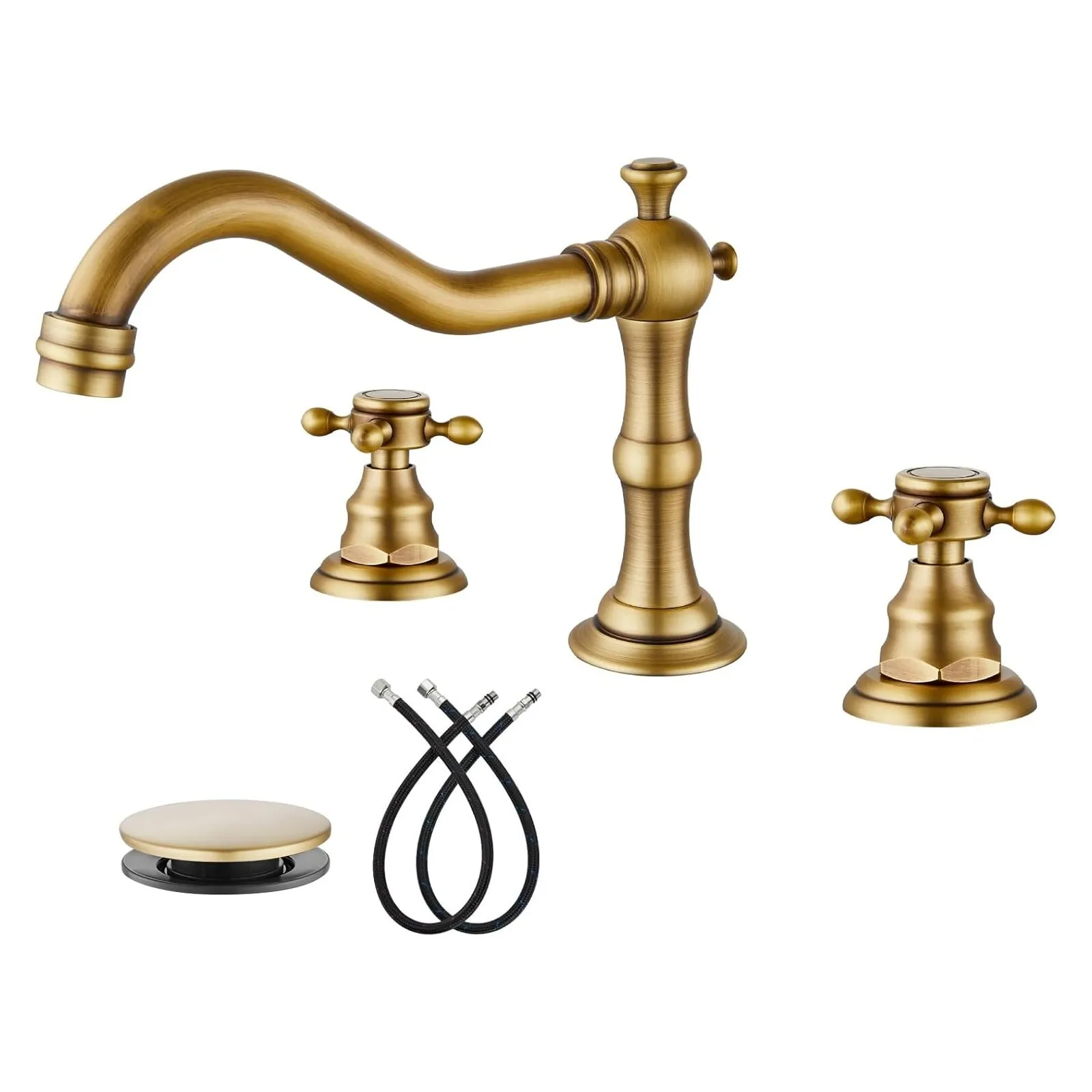 

Antique Brass Widespread Bathroom Sink Faucet 3Hole 2Handle Vanity Mixer w/Drain