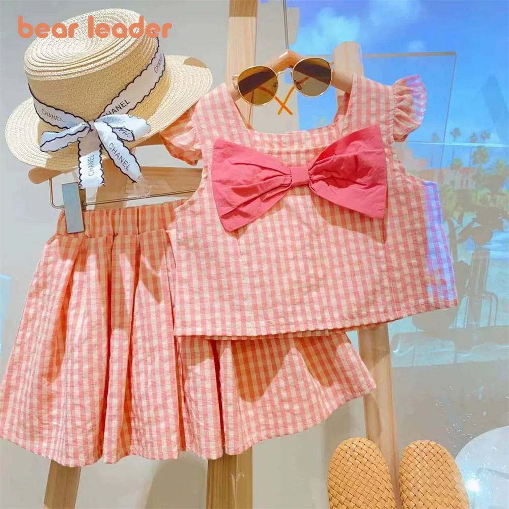 Bear Leader Summer Pink Plaid Girls Clothing Sets Flying Sleeve Bow T-shirt Top + Pleated Skirt Two Piece Outfits 2-6 Years