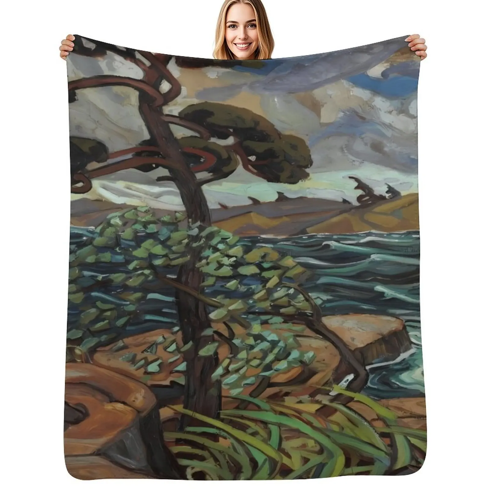 

Arthur Lismer, A September Gale, Georgian Bay Throw Blanket Travel Size Cozy Blanket for Plane Train