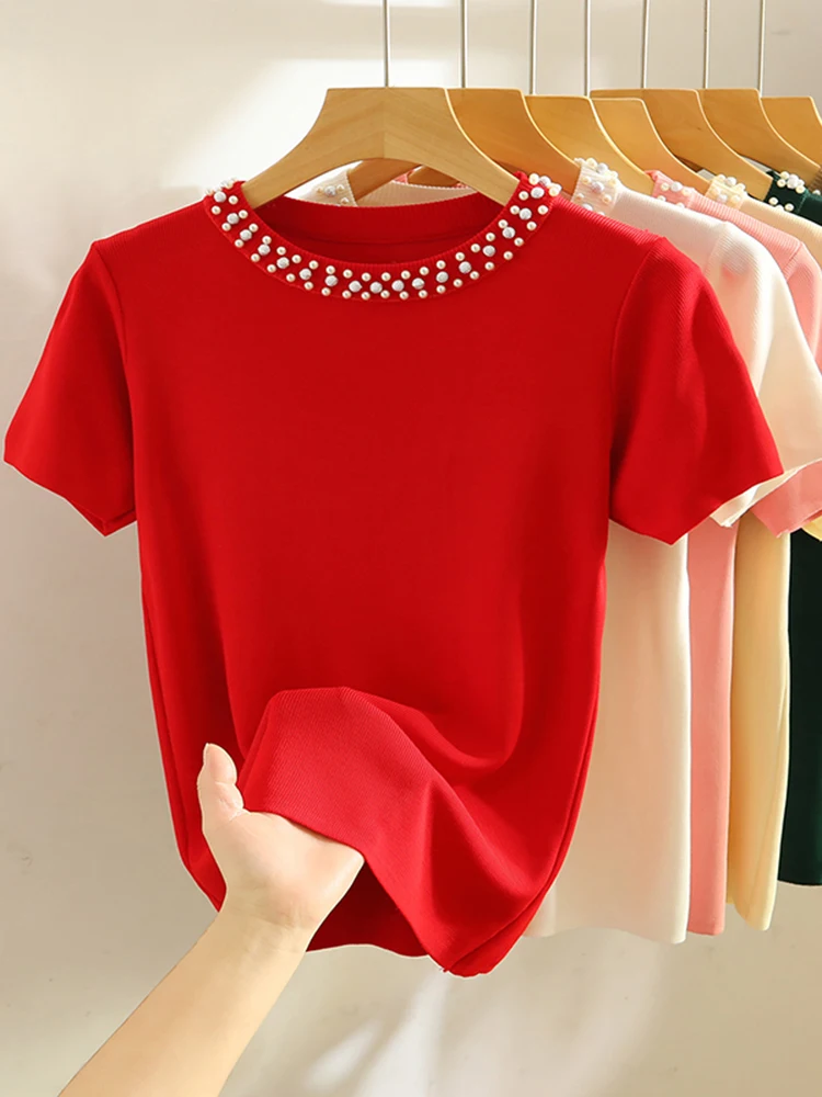 2026 Korea Knitted T-shirt Women Top Solid Tank Y2K Summer New Fashion Female Sleeveless Beading Casual Thin Tops Black White