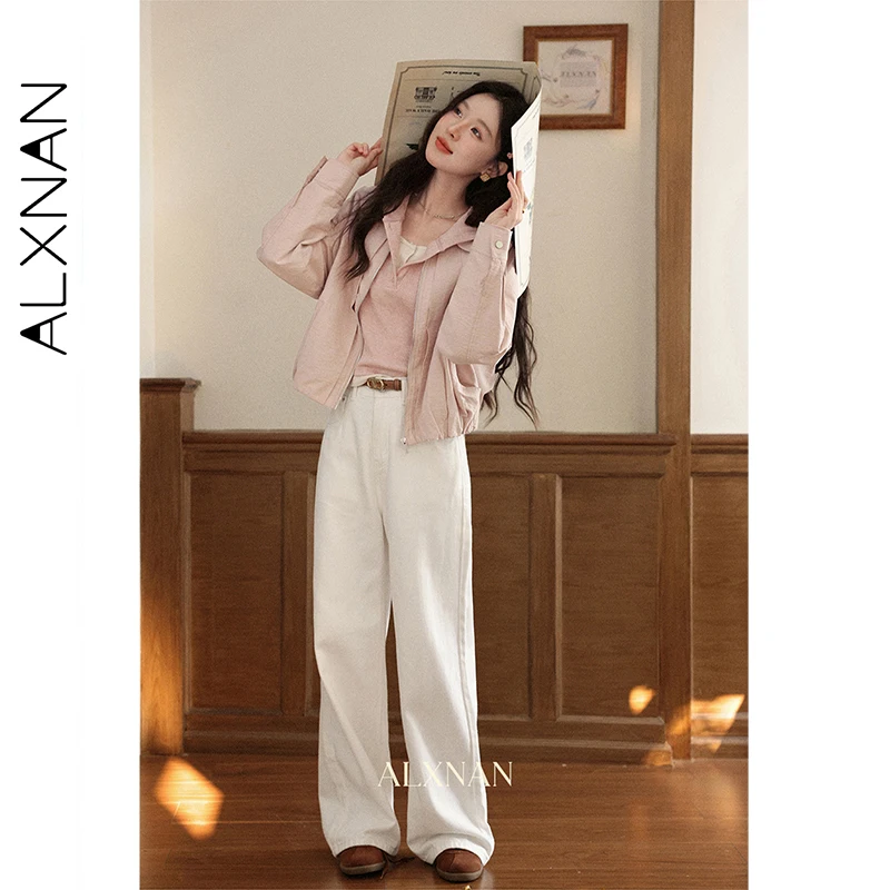 ALXNAN White Jeans Women Cotton 100% High-waist Wide-leg Straight Baggy Denim Jeans 2026 Elegant Casual Female Trousers L53017