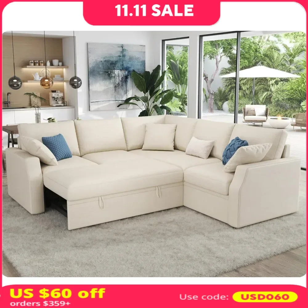 

85" Linen Sofa Couch，Sleeper Sofa with Storage Seat, Sectional Couches for Living Room Apartment，Pull Out Sofas Bed，Sofa Bed