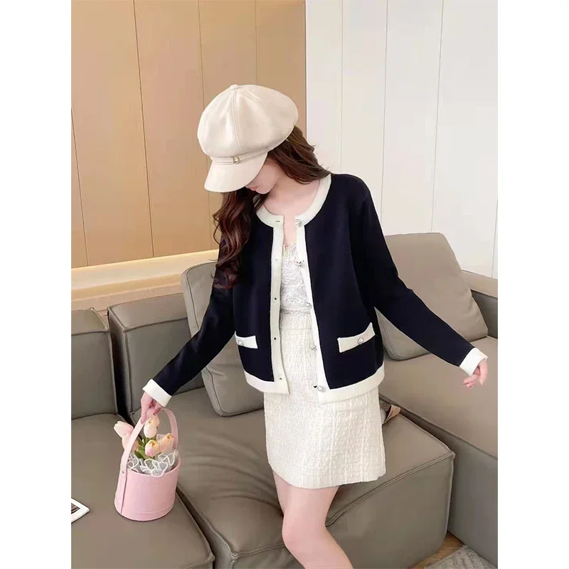O-neck Contrasting Colors Knitting Cardigan Coat Women Autumn Winter Elegant Temperament Sweater Simplicity Casual Knitwear Tops