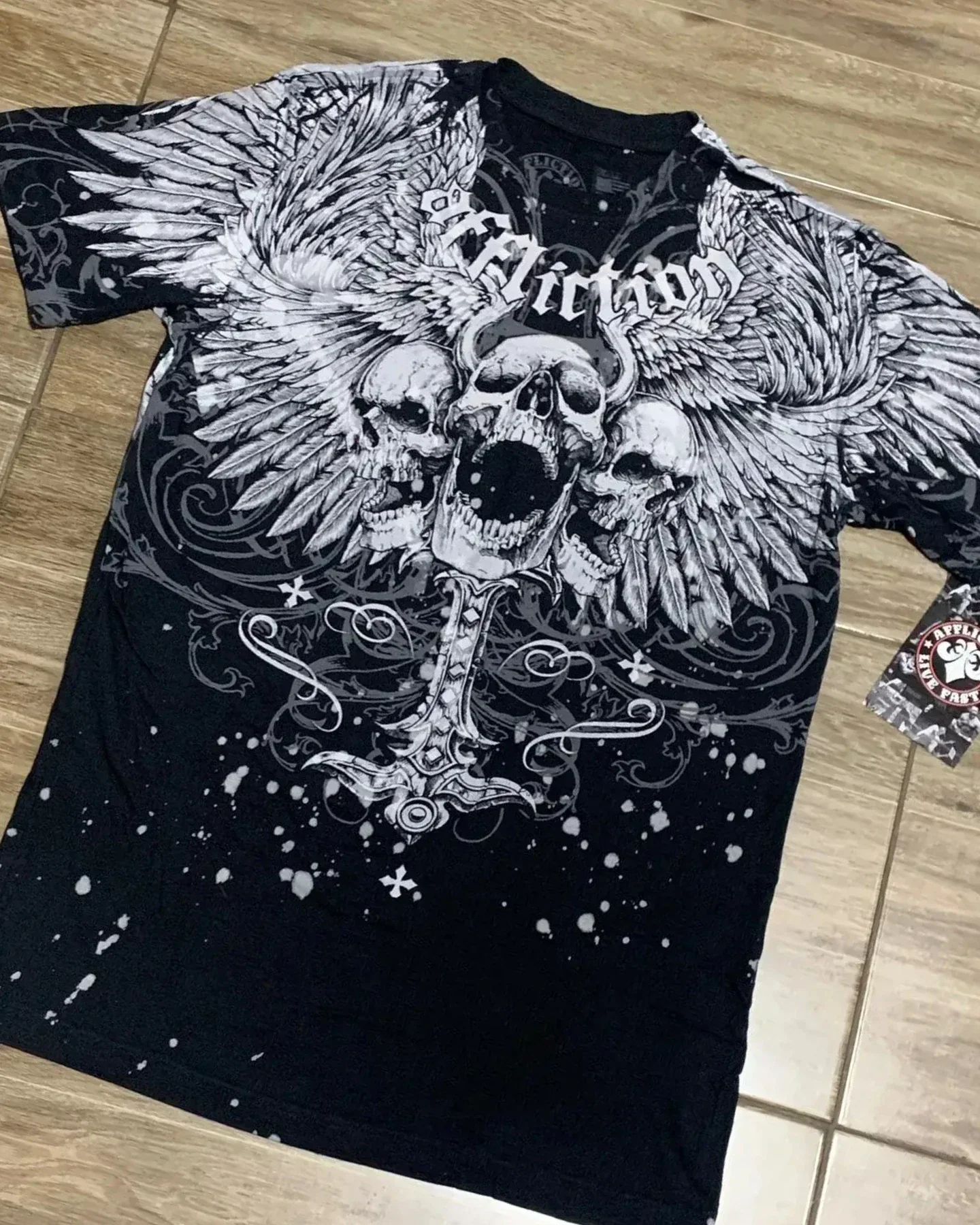 2000s Affliction Street T shirt Men Clothing Gothic Skull Cross Print Cotton Double Senior Double Faced Printing T shirt