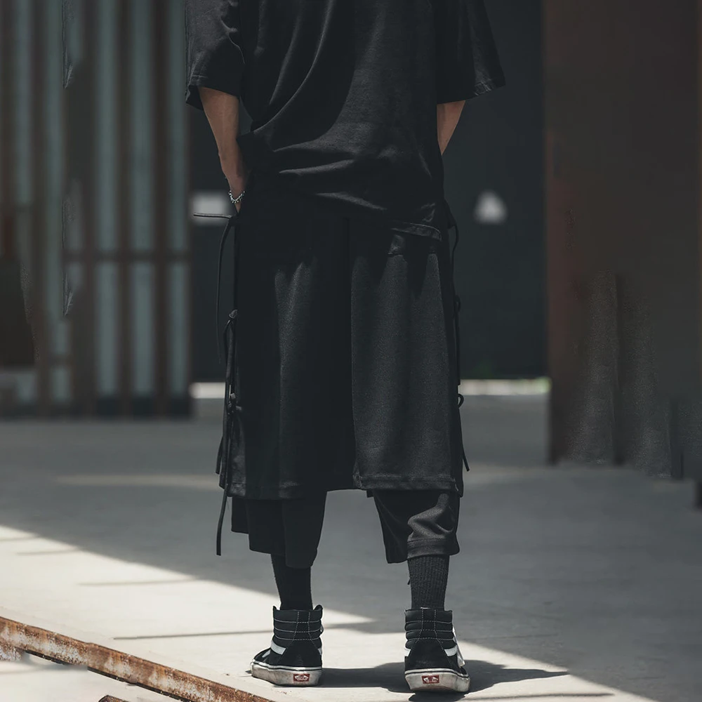 Mens Y2k Dark Faux Two-Piece Lace-Up Pants Streetwear Fashion Youth Trend Campus Niche Casual Pants Men'S Clothing 2026 New