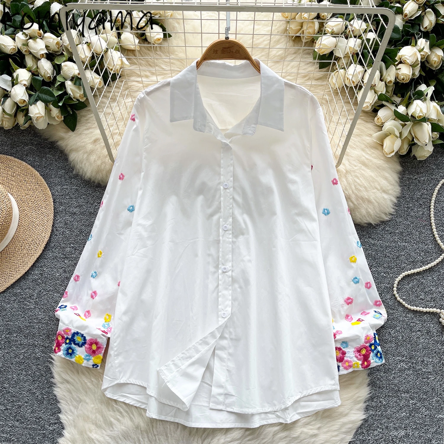 

Sweet Floral Embroidered Woman 2025 Shirts & Blouses Lapel Long Sleeve Blusas Mujer Single Breasted Ropa Clothing Camisas