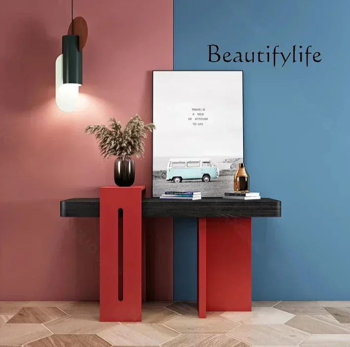 N19 Italian minimalist entrance table painted black oak color matching partition cabinet entrance corridor simple bar counter
