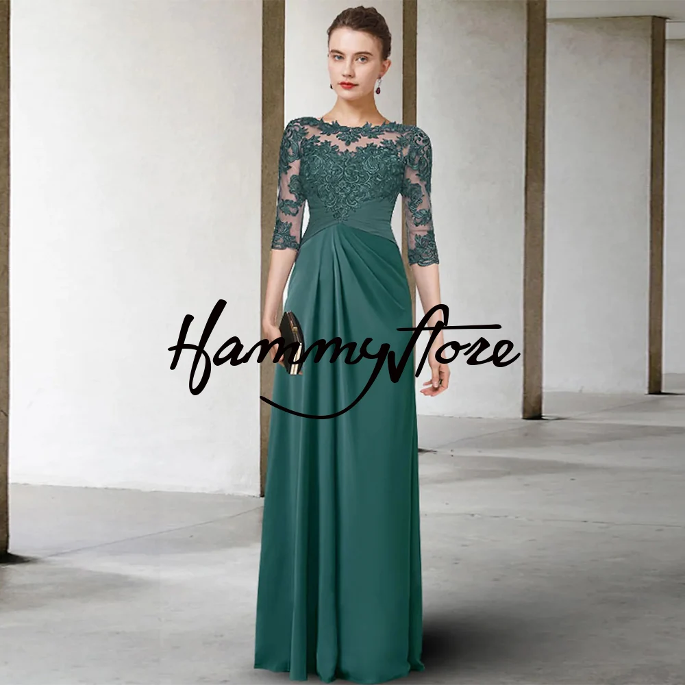

Vintage Lace Mother of The Bride Dress Half Sleeve Scoop Neck Applique Floor Length Chiffon Wedding Guest Gown Party Dresses