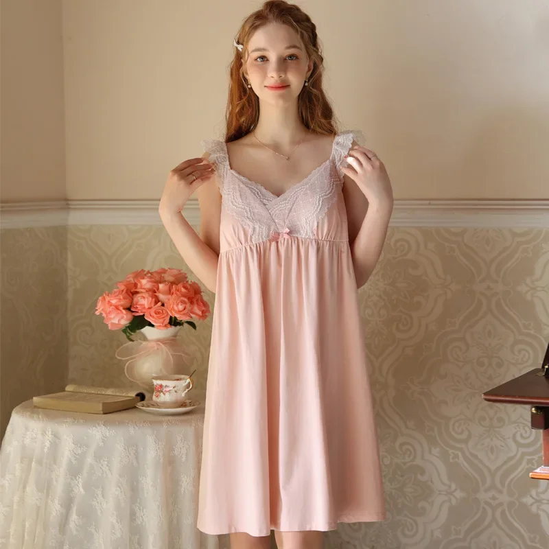 Lace V-neck With Bra Pads Cotton Sleepwear For Women Elegant Princess  Summer  Loose Home Dress  High Quality French Victorian - view 5