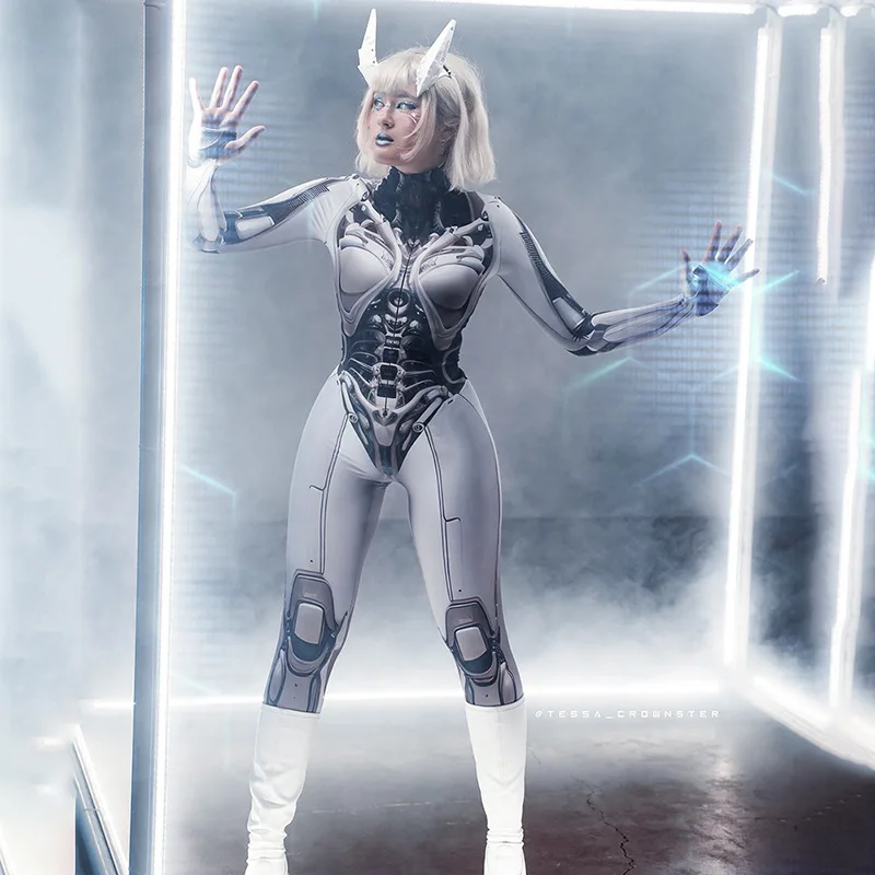 Body Robô Mecânico Cyber Punk para Mulheres, Macacão Sexy Bodycon, Catsuit, 3D Print, Trajes Cosplay Halloween, Festa de Carnaval