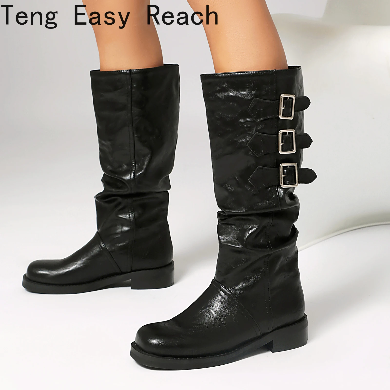

2026 Autumn and Winter Flat Shoes, 3.5cm Thick Soled Retro Pleated High Heels, Fashionable Buckle Decoration Knee High Boots