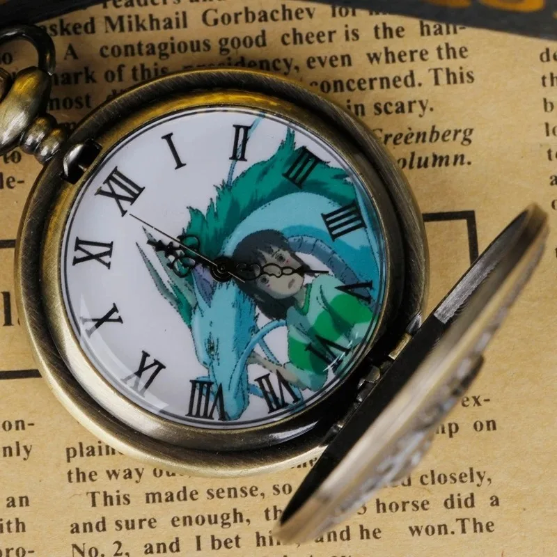 Anime Girl and the Flying Dragon Quartz Pocket Watch Color Dial Skeleton Fob Watches Friend Children Gift Clock Necklace Chain