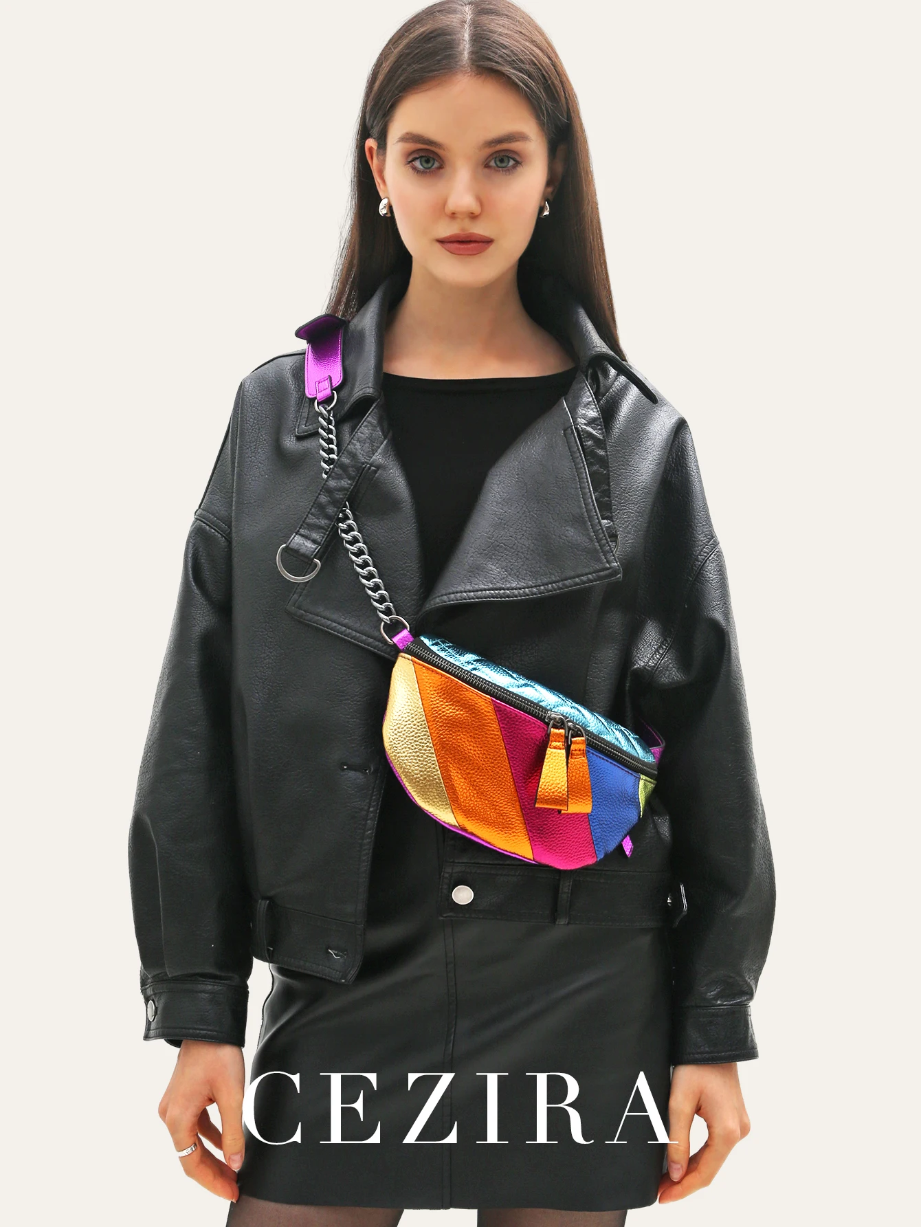 

CR женская модная красочная полосатая лоскутная металлическая нагрудная сумка из искусственной кожи с широким ремешком через плечо сумка портативный кошелек