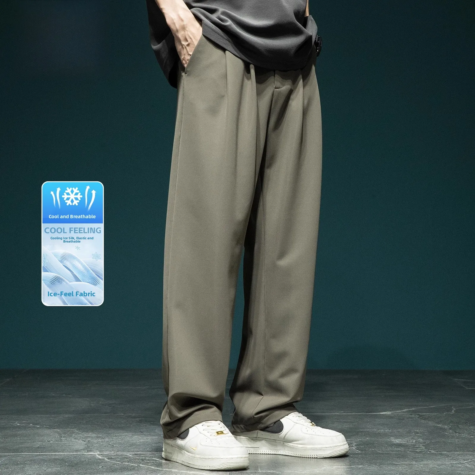 

High-End Ice Silk Men's Casual Pants Loose Straight Cut Dra Breathable Knitted Long Trousers Autumn Sports Outdoor Sle