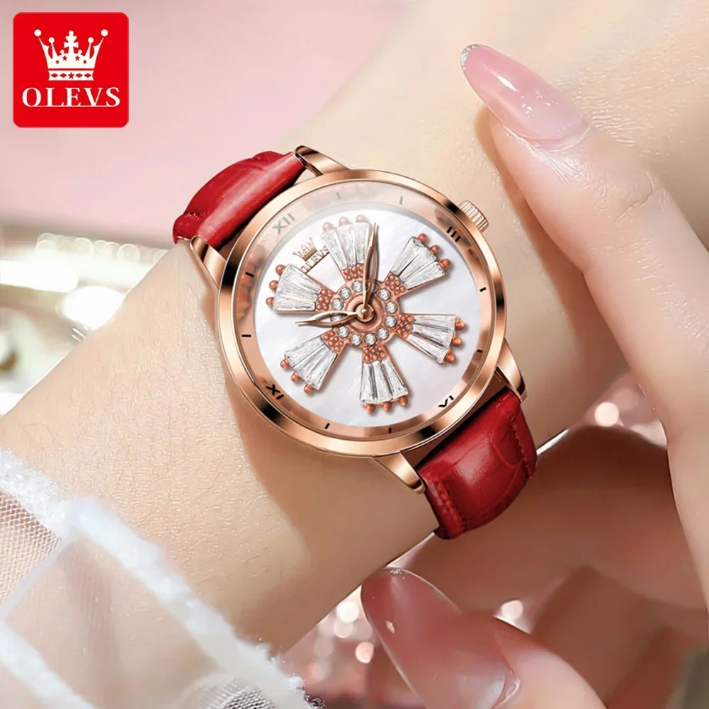 OLEVS Quartz Watch for Women In Rotation Flowers Dial Leather Strap Waterproof Fashion Elegant Women\'s Wristwatches Reloj Mujer