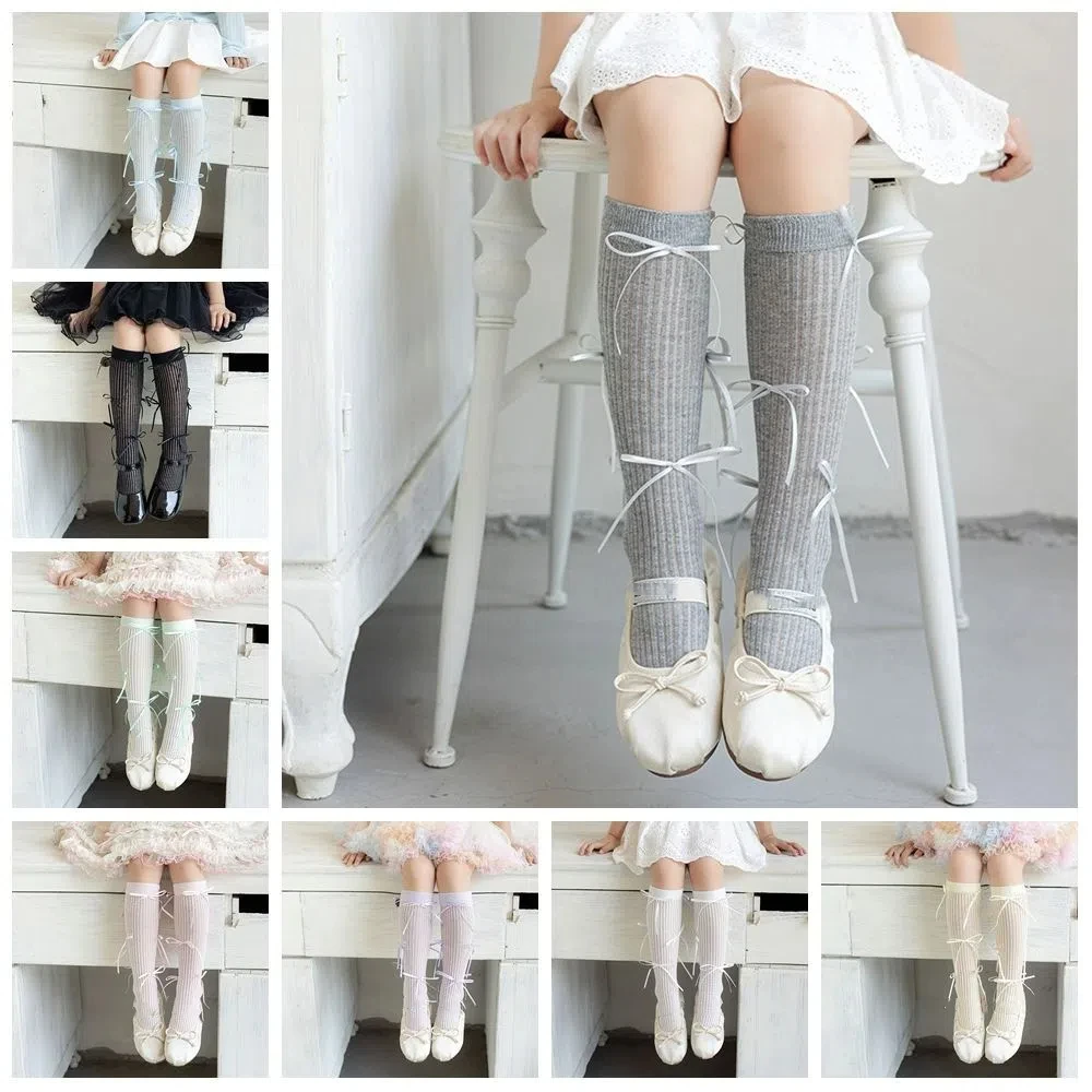 Einfarbig Balletcore Socken Band Schleife Koreanischen Stil Mid-Tube Strumpfwaren Herbst & Winter Tuch Zubehör Dünne Strümpfe Toddle