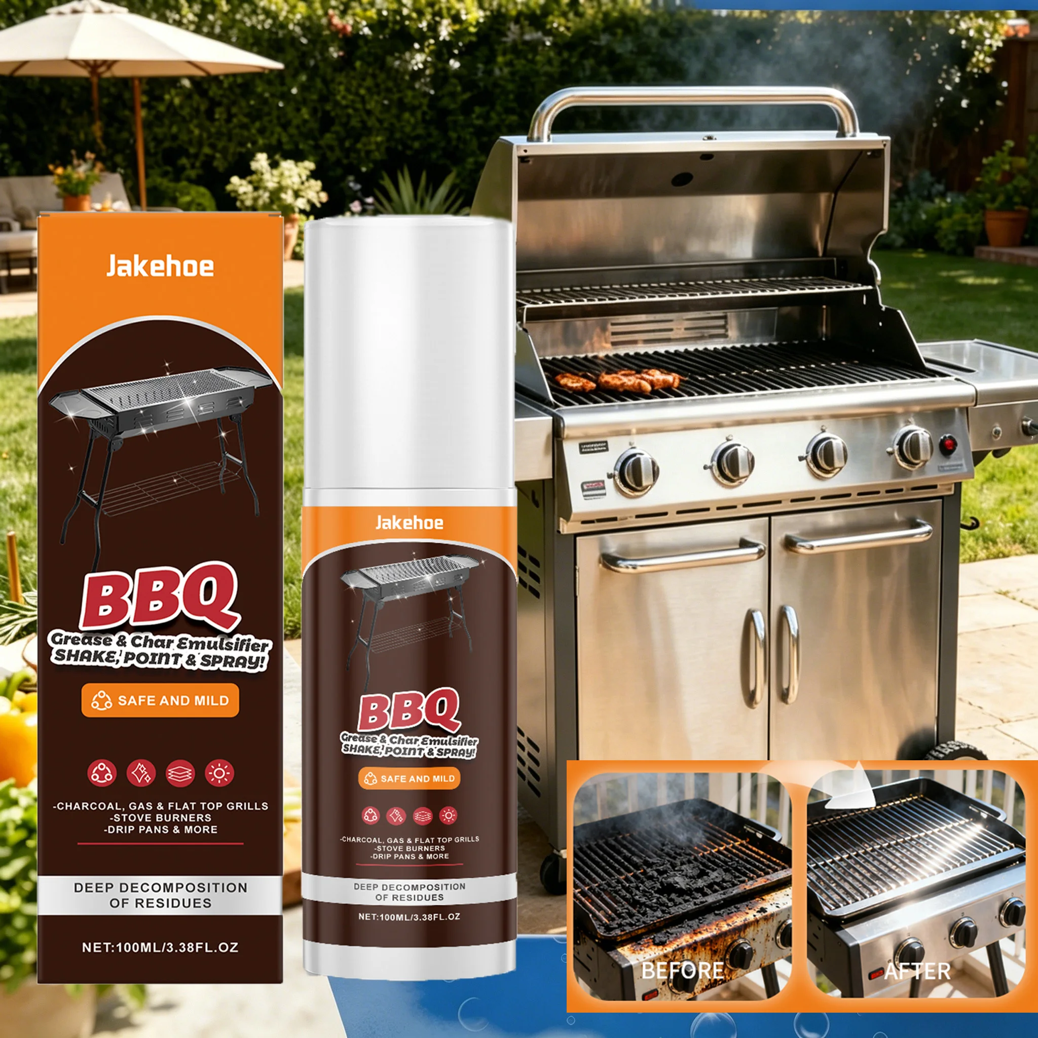 Spray detergente per barbecue, spray smacchiatore per grasso e bruciature, per griglie, forni e padelle, sgrassatore potente per la pulizia di esterni e cucina