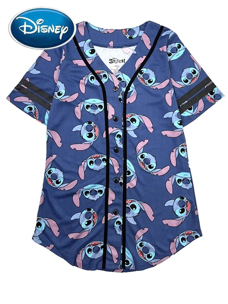 Disney Stitch Little Monster Cartoon Print Baseball Sports T-Shirt New Women Single-breasted V-Neck Short Sleeve Tee Tops Female